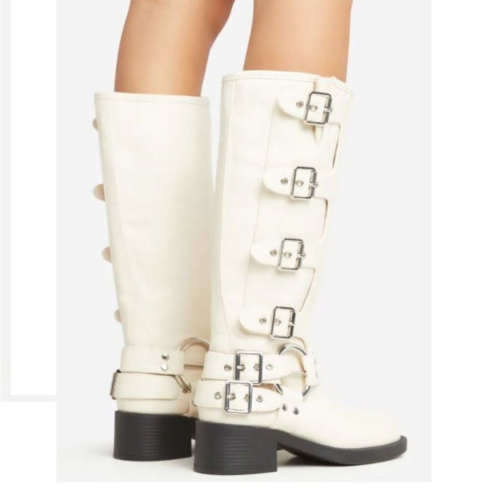 CREAM WHITE MOTO COMBAT BIKER BUCKLE BOOTIES - Picture 2 of 6
